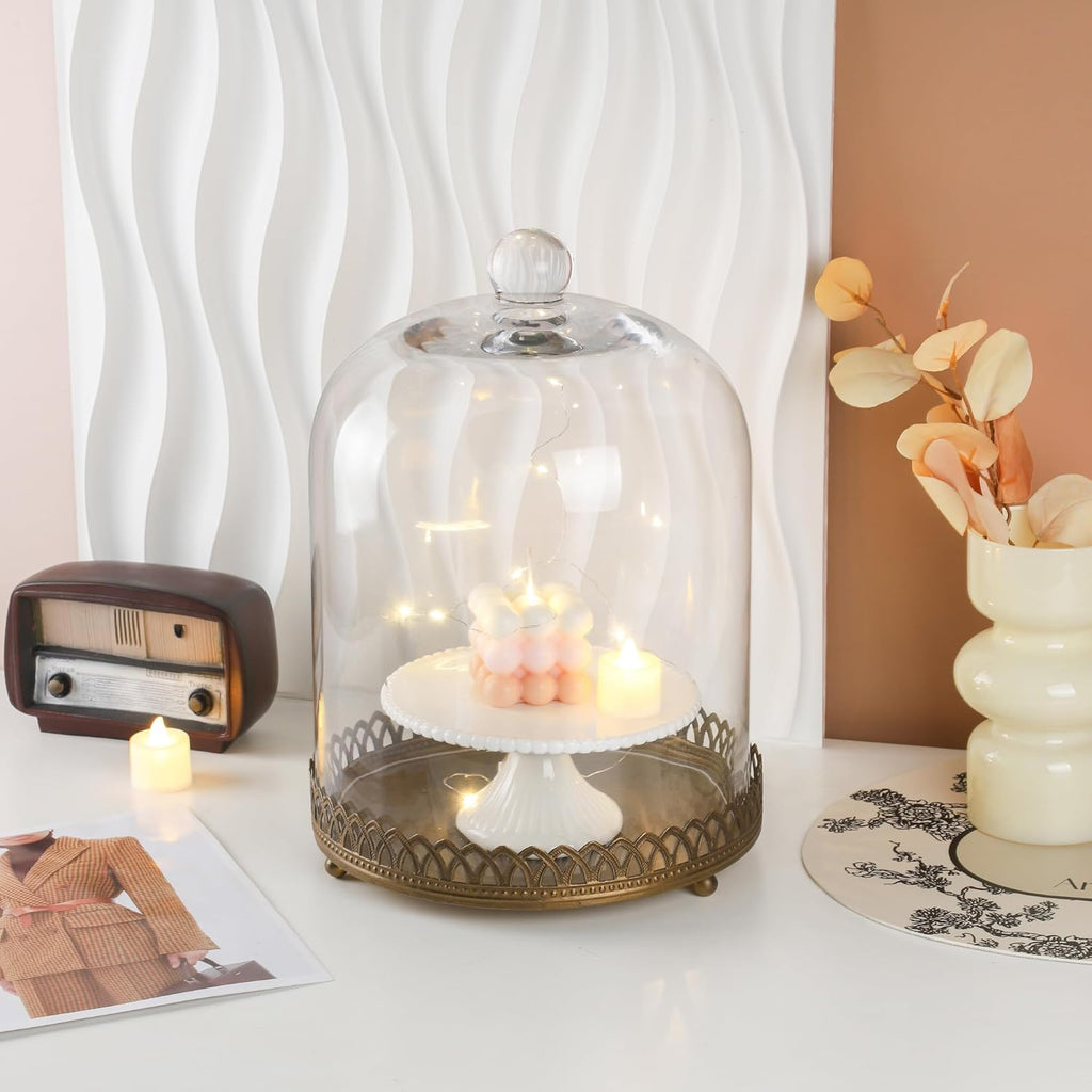 Twakutwku 14" Tall Large Sturdy Handmade Glass Cloche Dome with Metal Base in Gold for Plant, Terrarium, Collectibles, Candle. Cloche Glass Dome, Bell Jar Display Case (Metal Base, 14")
