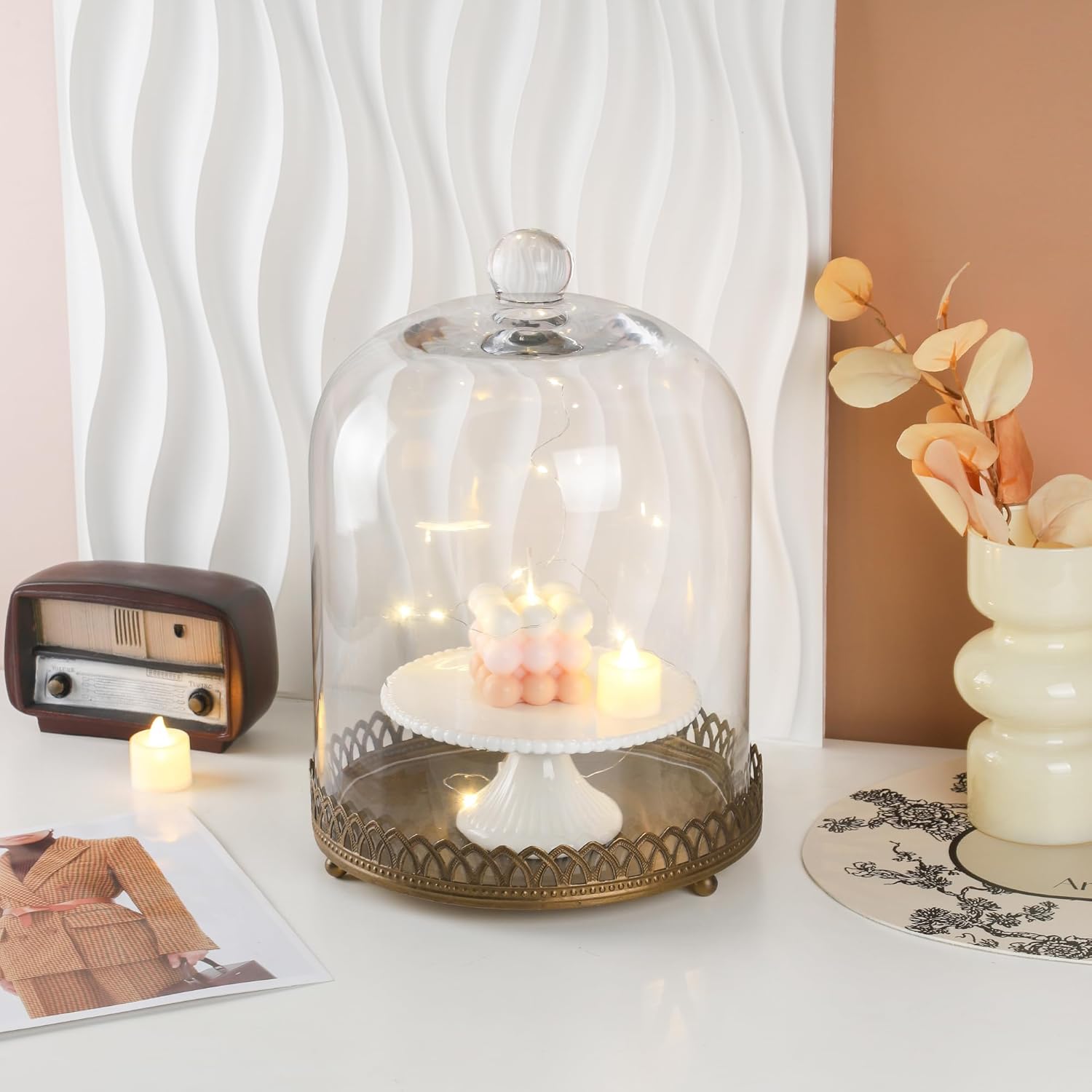 Twakutwku 14" Tall Large Sturdy Handmade Glass Cloche Dome with Metal Base in Gold for Plant, Terrarium, Collectibles, Candle. Cloche Glass Dome, Bell Jar Display Case (Metal Base, 14")