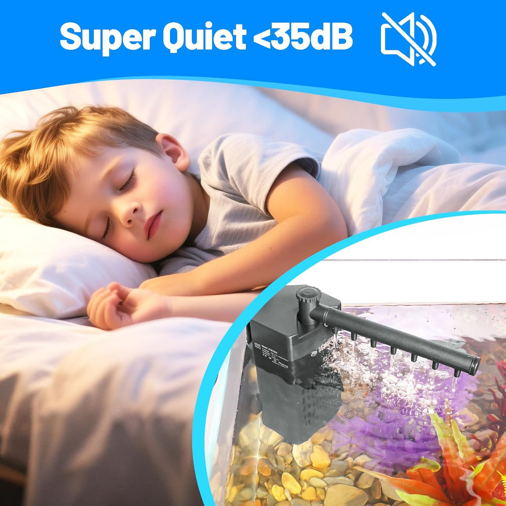 Aquarium Internal Filter for Up to 10 Gallons, Upgraded Fish Tank Filters with 3-Stage Filtration Trio, Adjustable Water Flow, Quiet Corner Filters for Fish Turtle Shrimp Tank, 80GPH, 4W