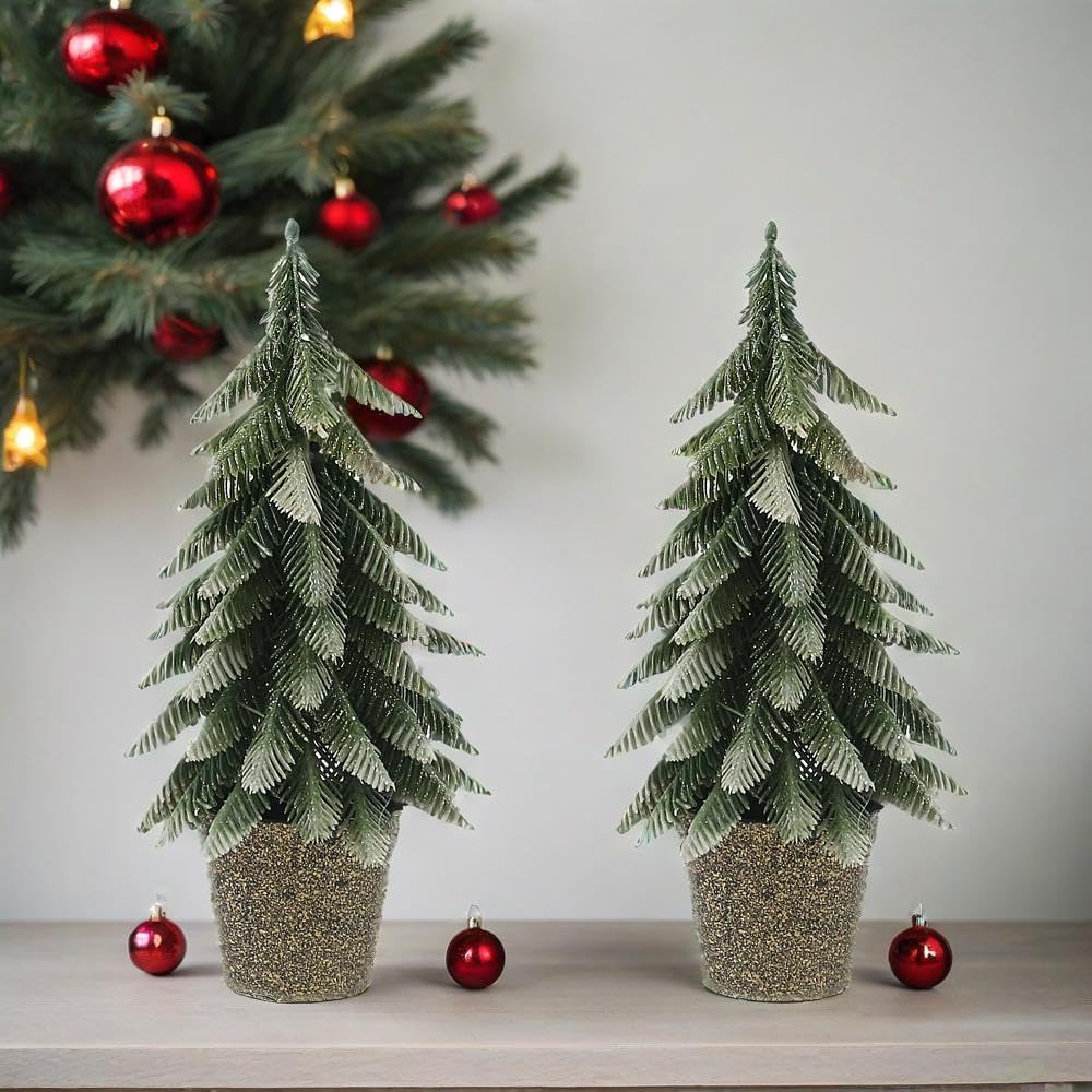 Mini Artificial Pine Trees in Decorative Pots, 2 Pack M Size Small Christmas Tree, Green Holiday Tabletop Christmas Trees Christmas Decorations for Bedroom Xmas Gifts (M)