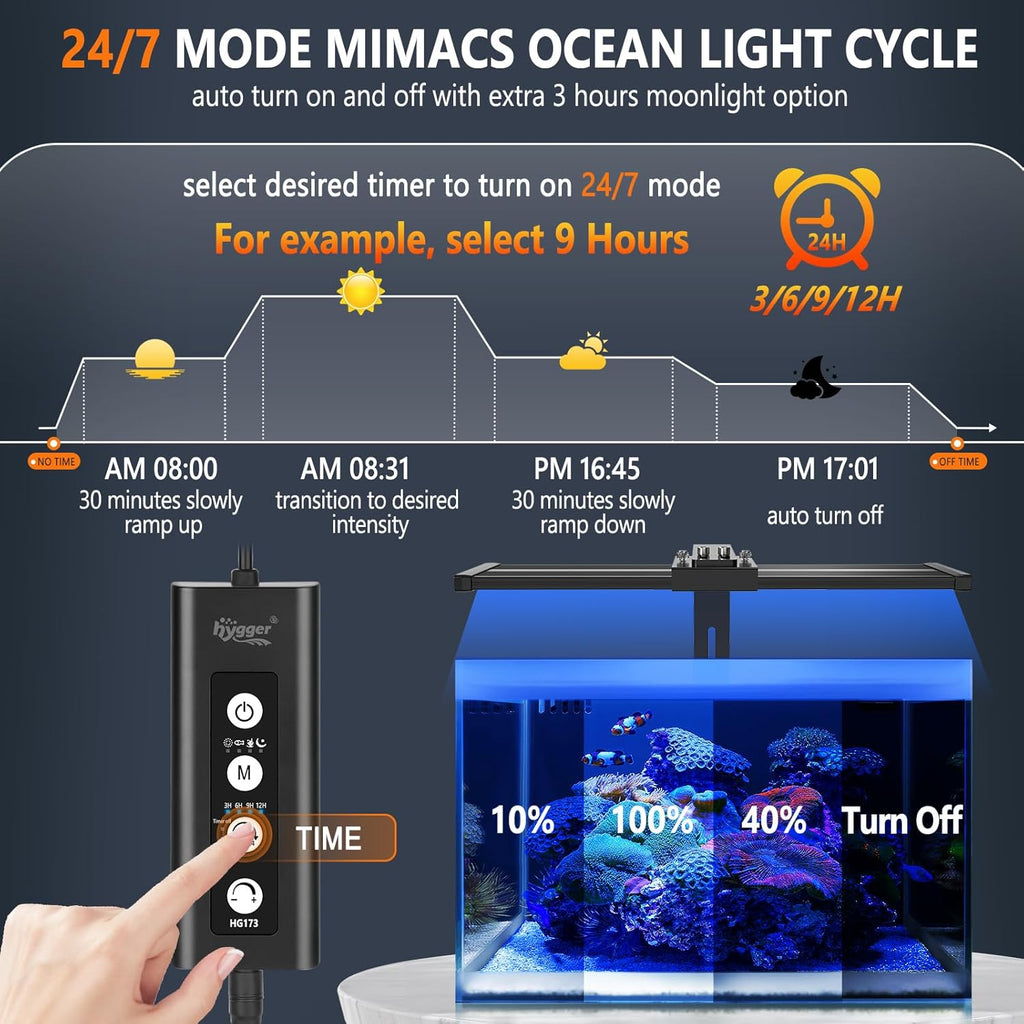hygger LED Saltwater Aquarium Light, 24/7 Mode Nano Tank Reef Light for Coral, Refugium Light with White, Blue, U-V LEDs Dimmer Timer Moonlight Mounting Bracket 2 Metal Legs 21'' Long 35W