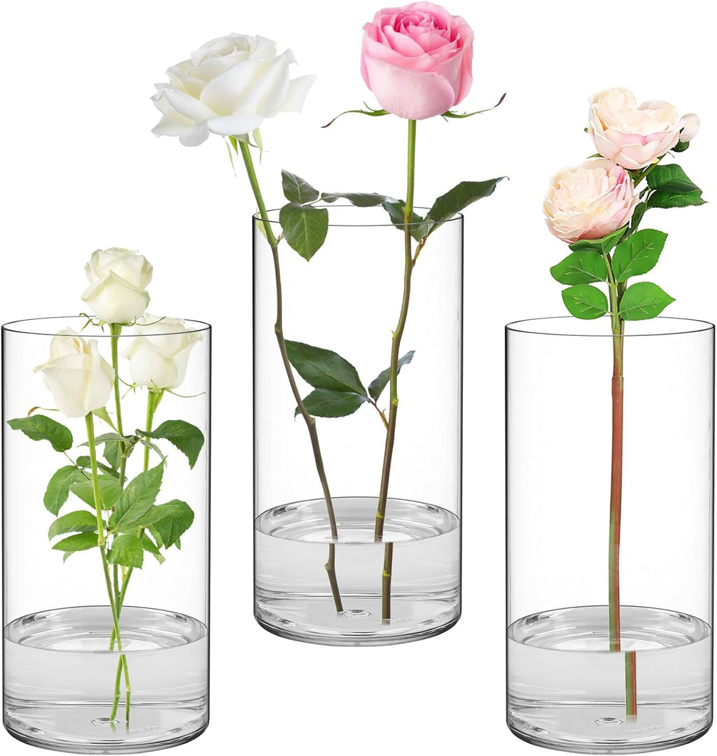 SUREAM Flower Clear Vase Centerpiece, 7.8 Inch Tall Clear Vases Bulk, Acrylic Hurricane vases for Weding, Table Shelf, Party, Office, Living, Dinners, Home, Event, Flower& Plant Decoration(3PCS)