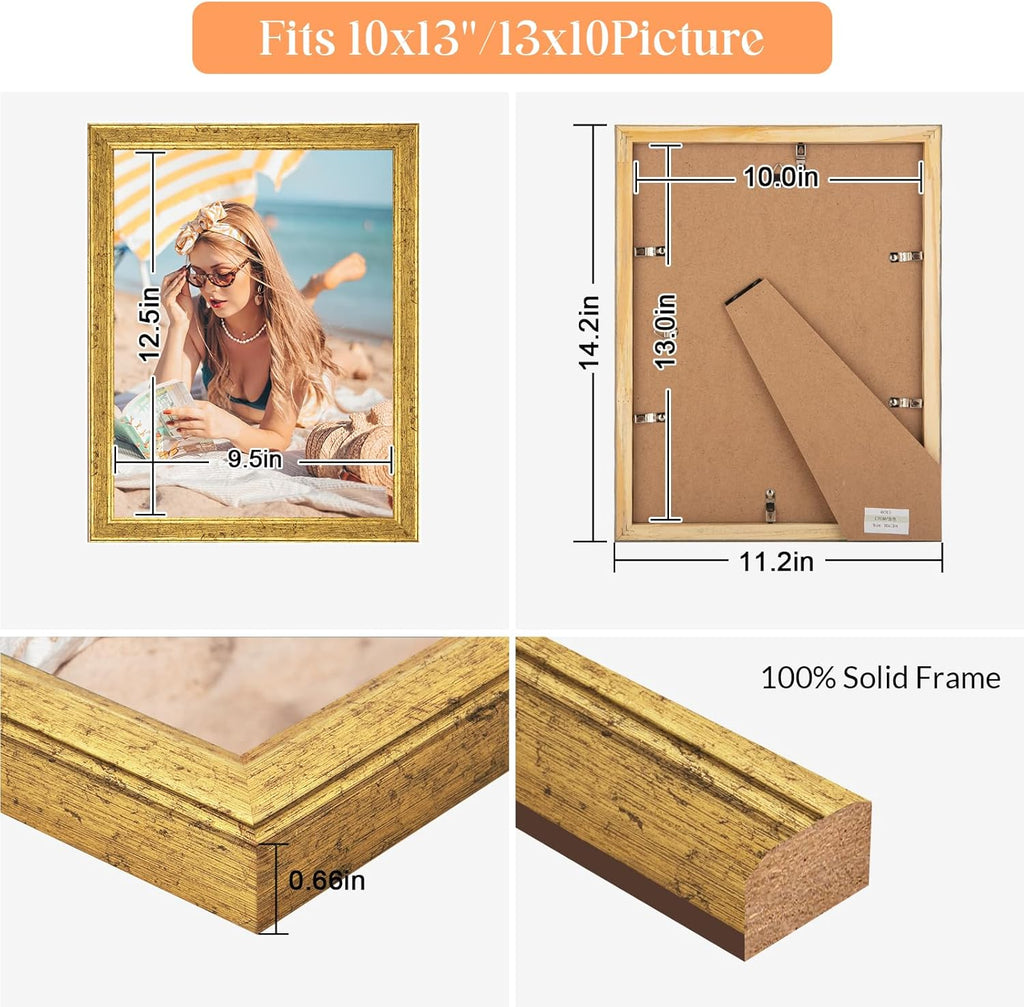 Wood 10x13 Frame Gold, Ornate Natural Wooden 13x10in Picture Frames, Modern Golden 10 x 13inch Gallery Photo Pic Frame with HD Plexiglass, Horizontal Vertical Wall Mounting Tabletop Display 1Pcs