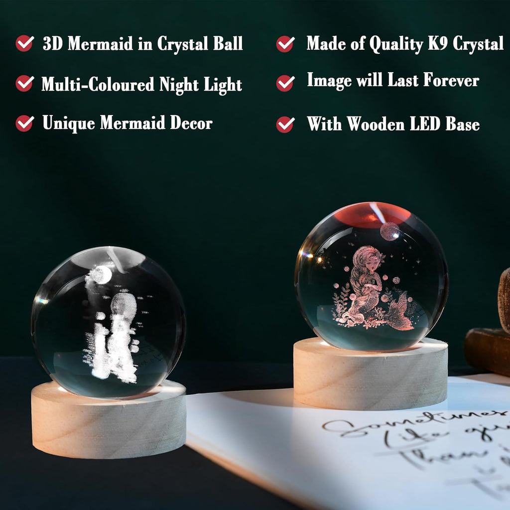 IFOLAINA Mermaid Crystal Ball Mermaid Gifts for Her Girls Friends Birthday Christmas Decorative Globes 3D Crystal Sphere Night Light