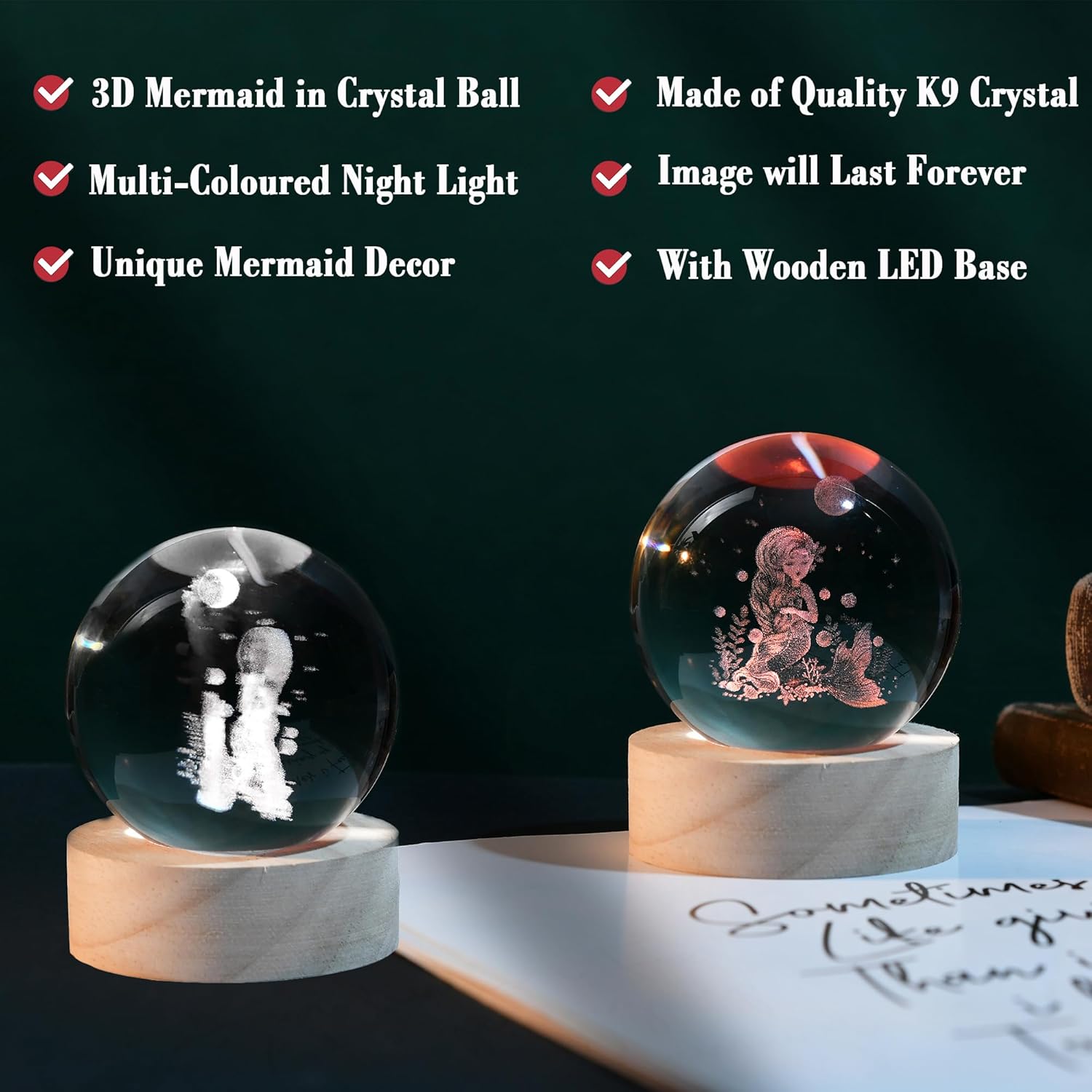 IFOLAINA Mermaid Crystal Ball Mermaid Gifts for Her Girls Friends Birthday Christmas Decorative Globes 3D Crystal Sphere Night Light