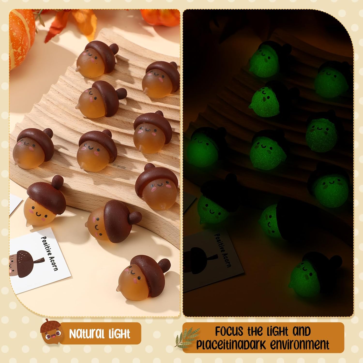 Wettarn 30 Sets Emotional Luminous Acorn Stress Ball Gift Bulk Office Christmas Party Favor Cute Positive Acorn Squeeze Mini Stress Relief Ball Inspirational Card for Coworker Staff Nurse
