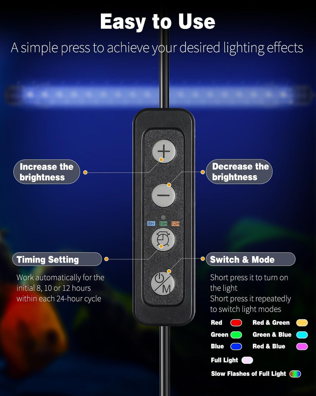 Pawfly 4.2 W Aquarium LED Light 15.2 Inch Underwater Fish Tank Light with Timer Auto On/Off Fish Tank Background Lights with 8 Lighting Modes Submersible Multi-Colored Tube Lights for Decoration