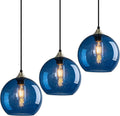 Blue Glass Pendant Lights Kitchen Island Lighting Globe Pendant Light Fixtures Modern Pendant Lighting for Kitchen Island Bedroom Living Dining Room Light Fixture(7.87in, 3-Pack)