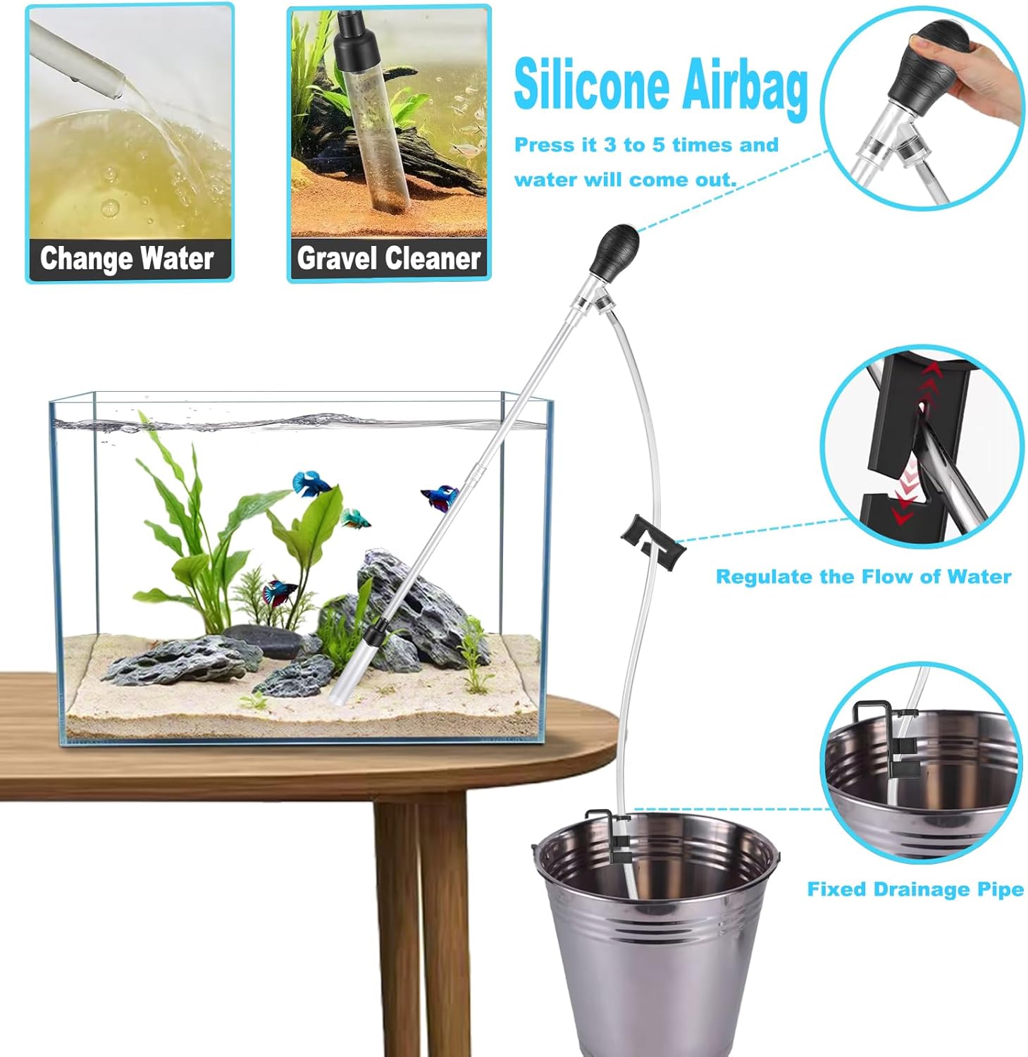 Carefree Fish Aquarium Gravel Cleaner 6Ft Hose Silicone Airbag Fish Tank Water Changer Gravel Vacuum Adjustable Length ABS(for 5~20Gal Tank)