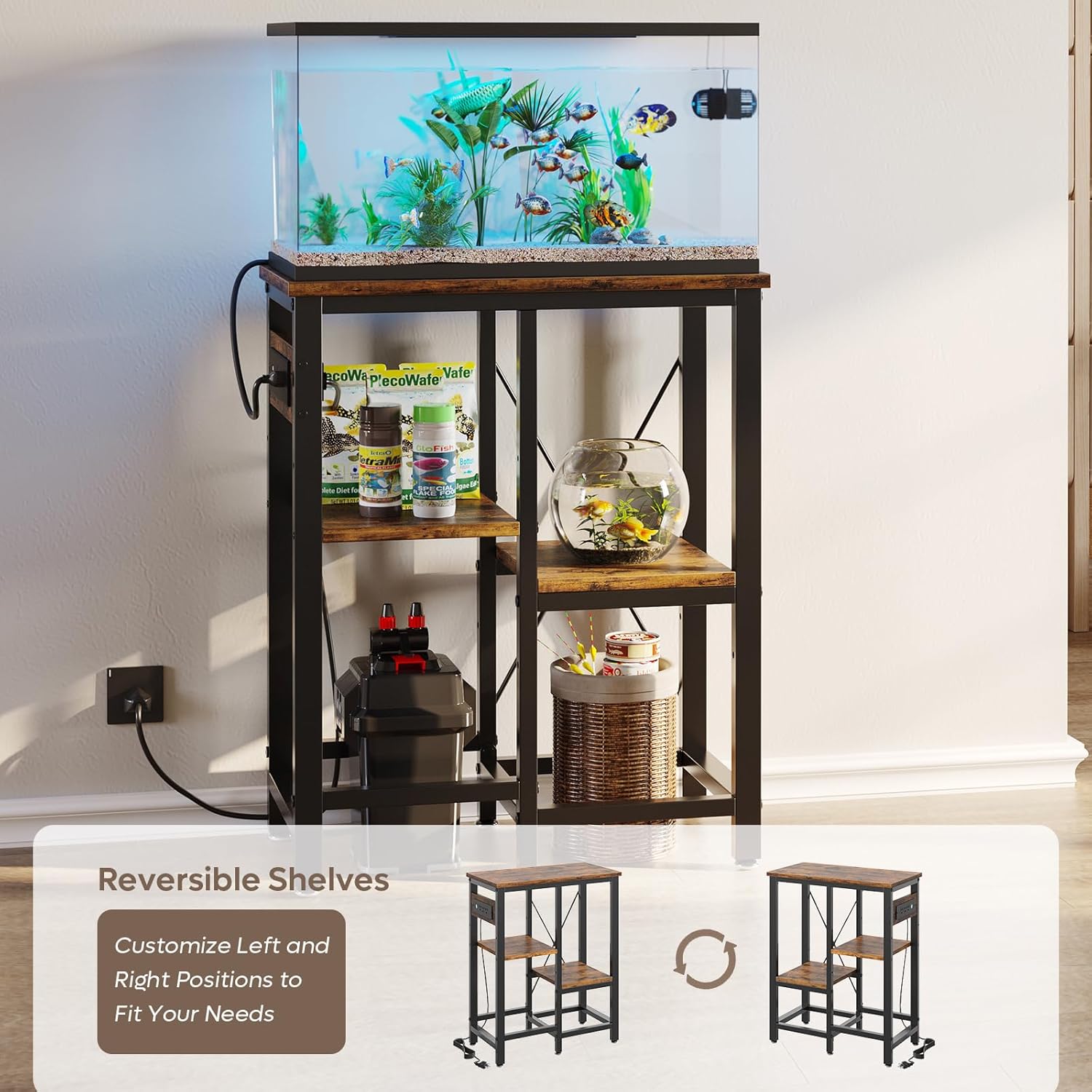Bestier 10 Gallon Fish Tank Stand with Power Outlet, 20.3x10.6 Metal Aquarium Stand with Filter Storage, 6-Leg Reptile Tank Stand with 3-Tier Adjustable Storage Shelves, 264LBS Capacity，Rustic Brown
