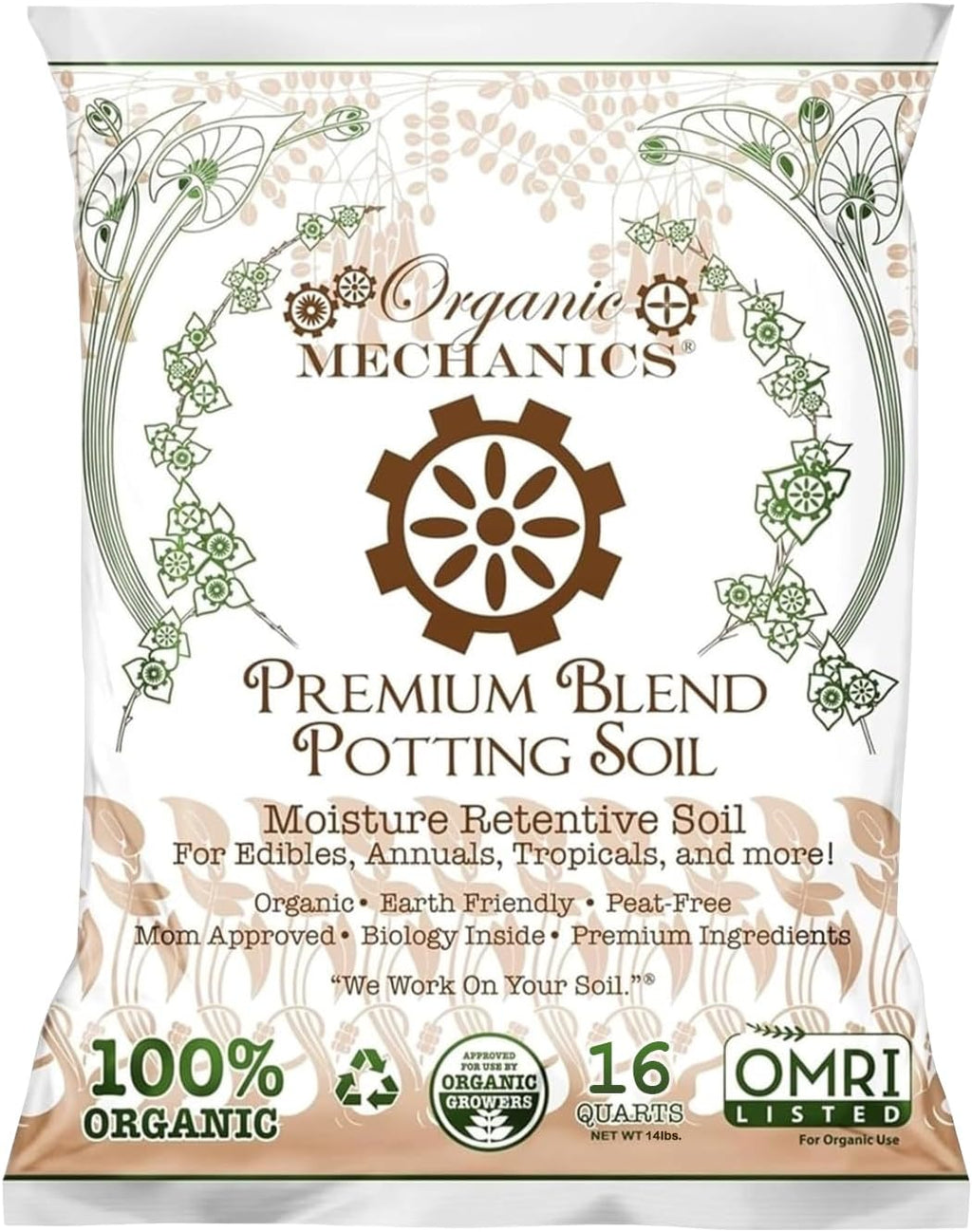 Organic Mechanics Premium Blend Potting Soil, 16 qt - Moisture-Retentive, Peat-Free, Compost - Enriched Mix with Worm Castings & Perlite for Houseplants, Annuals, Veggies & Tropical Plants