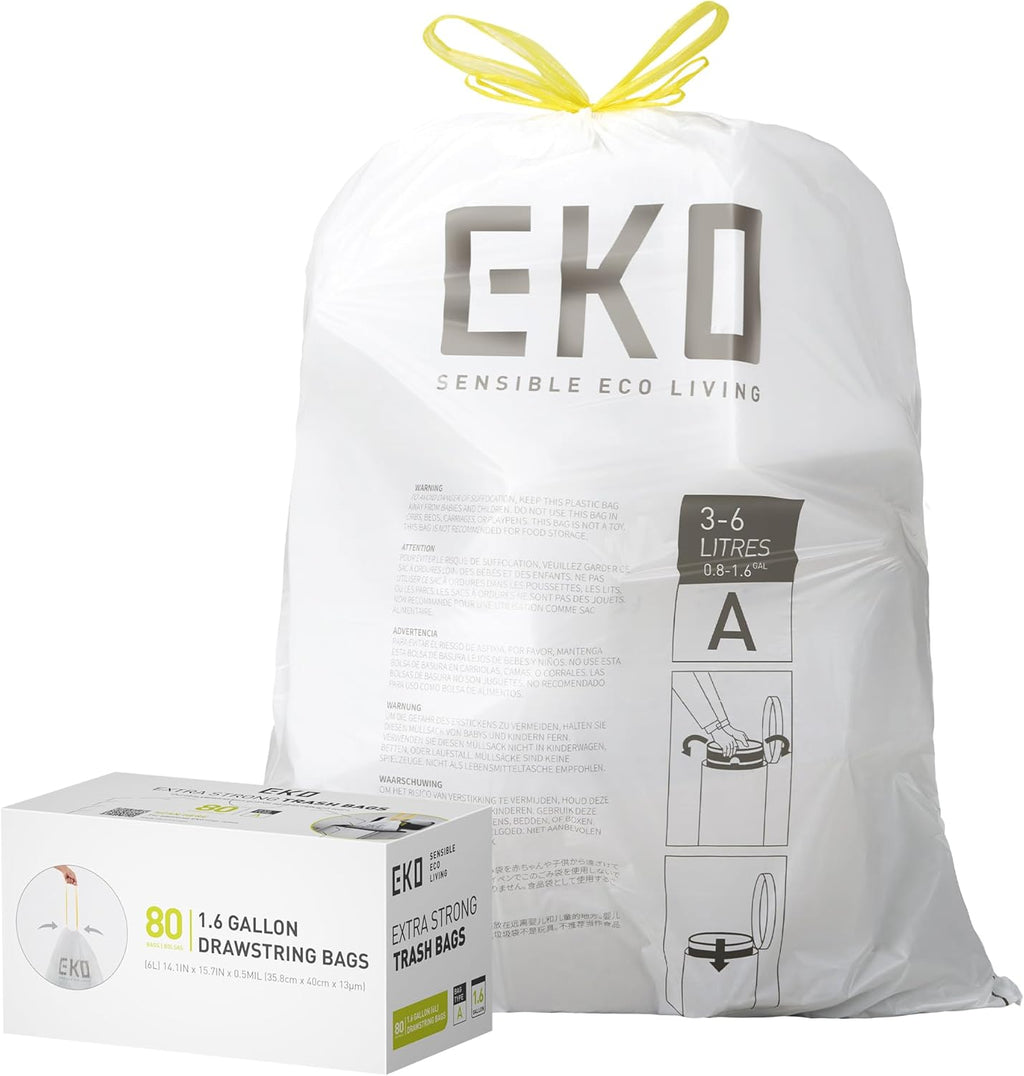 EKO 1.6 Gallon / 3-6 Liter, 80 Count Small Drawstring Trash Bags, Extra-Strong Unscented Garbage Bags, Easy-Dispense Roll for Kitchen & Household Use, Resists Tears, Leaks and Punctures, Code A, White
