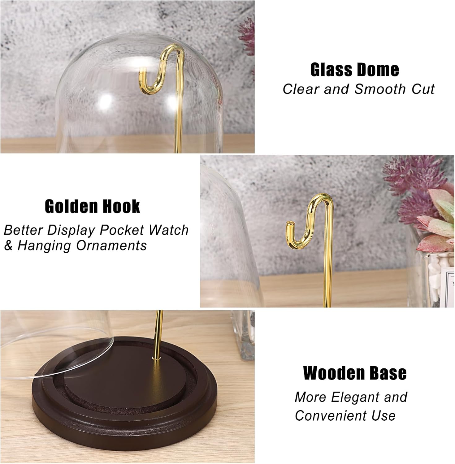 JUXYES 2 Pack Clear Watch Glass Display Dome Cloche With Hook, Dome Cloche with Hook with Wooden Base, Glass Dome Cloche Bell Terrarium Jar Cloche Bell Jar Display for Watch Ornaments