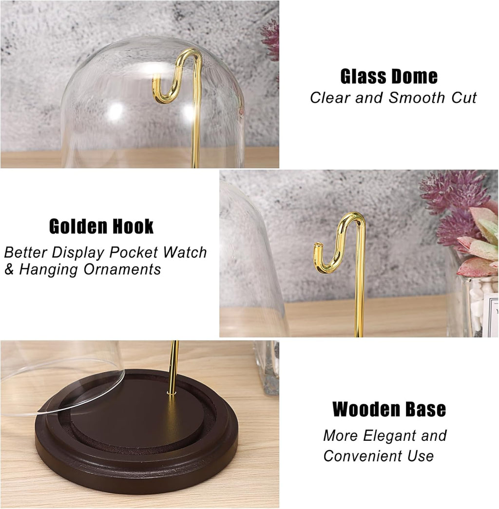 JUXYES Clear Watch Glass Display Dome Cloche With Hook and Wooden Base, Bell Terrarium Jar for Watch Ornaments