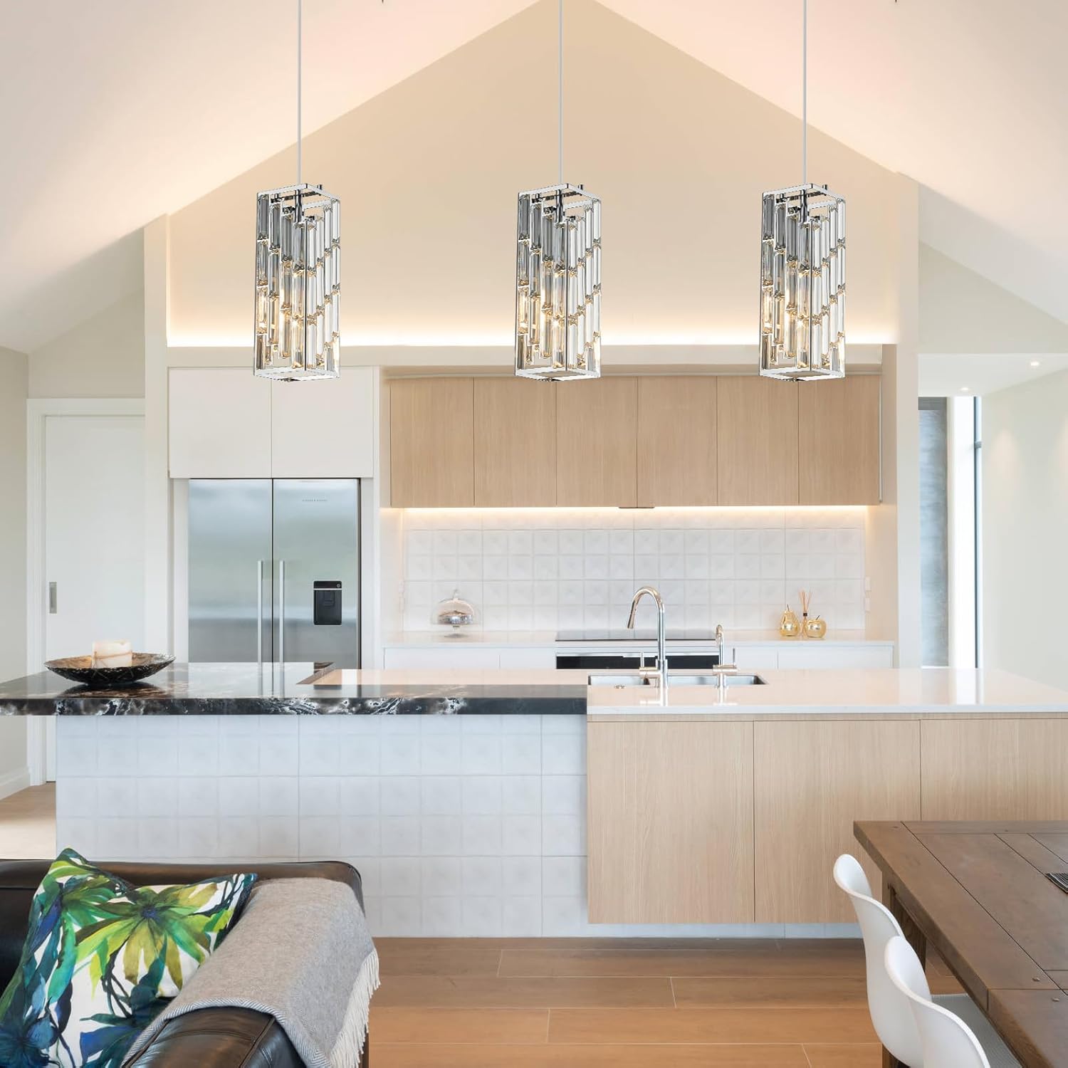 Chrome Pendant Lighting Modern Pendant Light, Mini Crystal Chandeliers,Adjustable Pendant Light Fixture for Kitchen Island Dinning Room Bedroom (3 Pack)