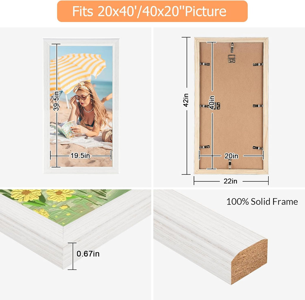 20x40 Wood Frame White, Modern Natural Woodgrain 40x20in Picture Frame, Rustic Wooden 20 x 40 inch Gallery Wall Photo Poster Frame with HD Plexiglass, Horizontal Vertical Wall Mounting Display 1pcs