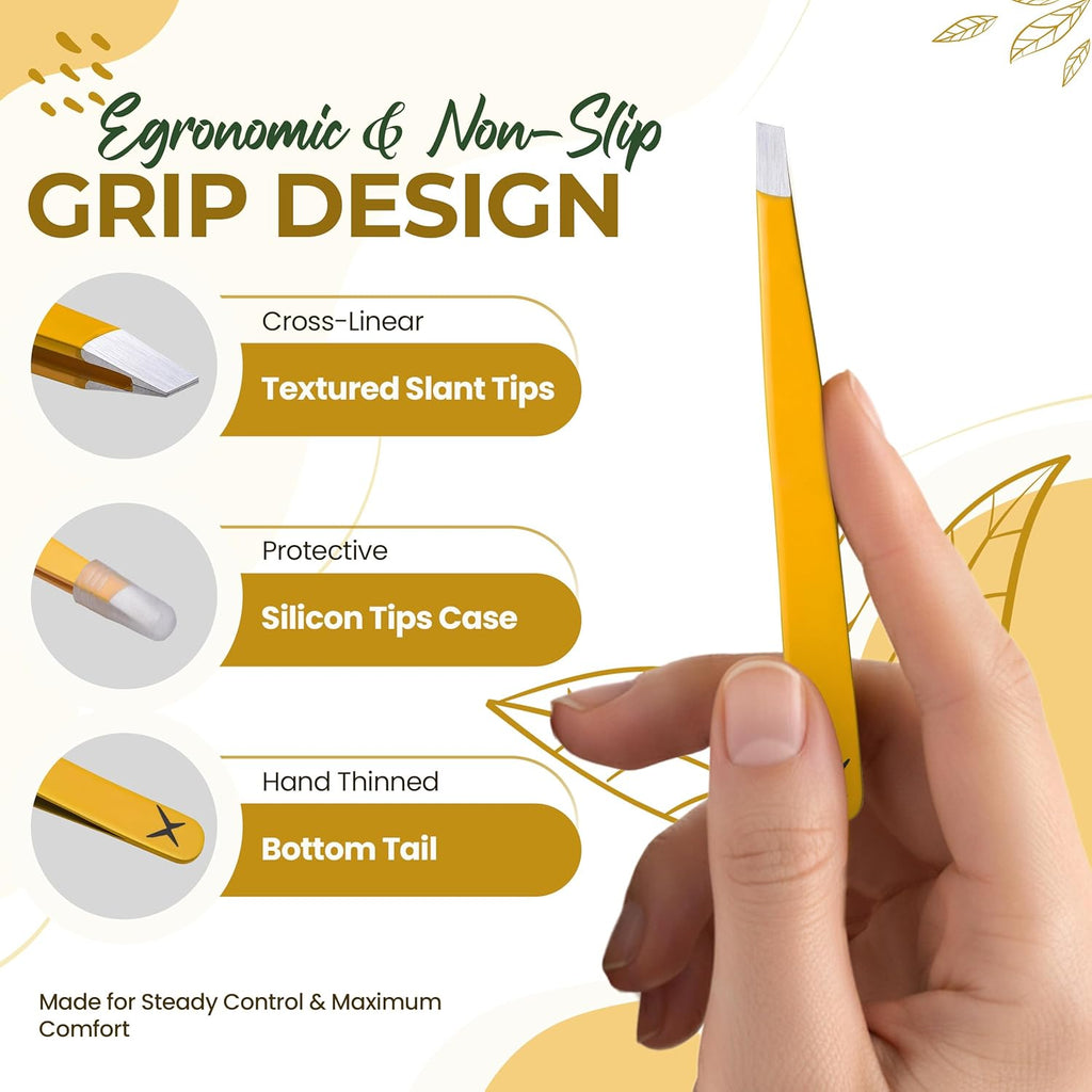 Professional Slant Tip Eyebrow Tweezers for Women & Men – Precision Hair Removal Tool – Stainless Steel Tweezers for Eyebrow Shaping, Facial Hair, Ingrown Hair & Splinter Removal (Golden Glow)
