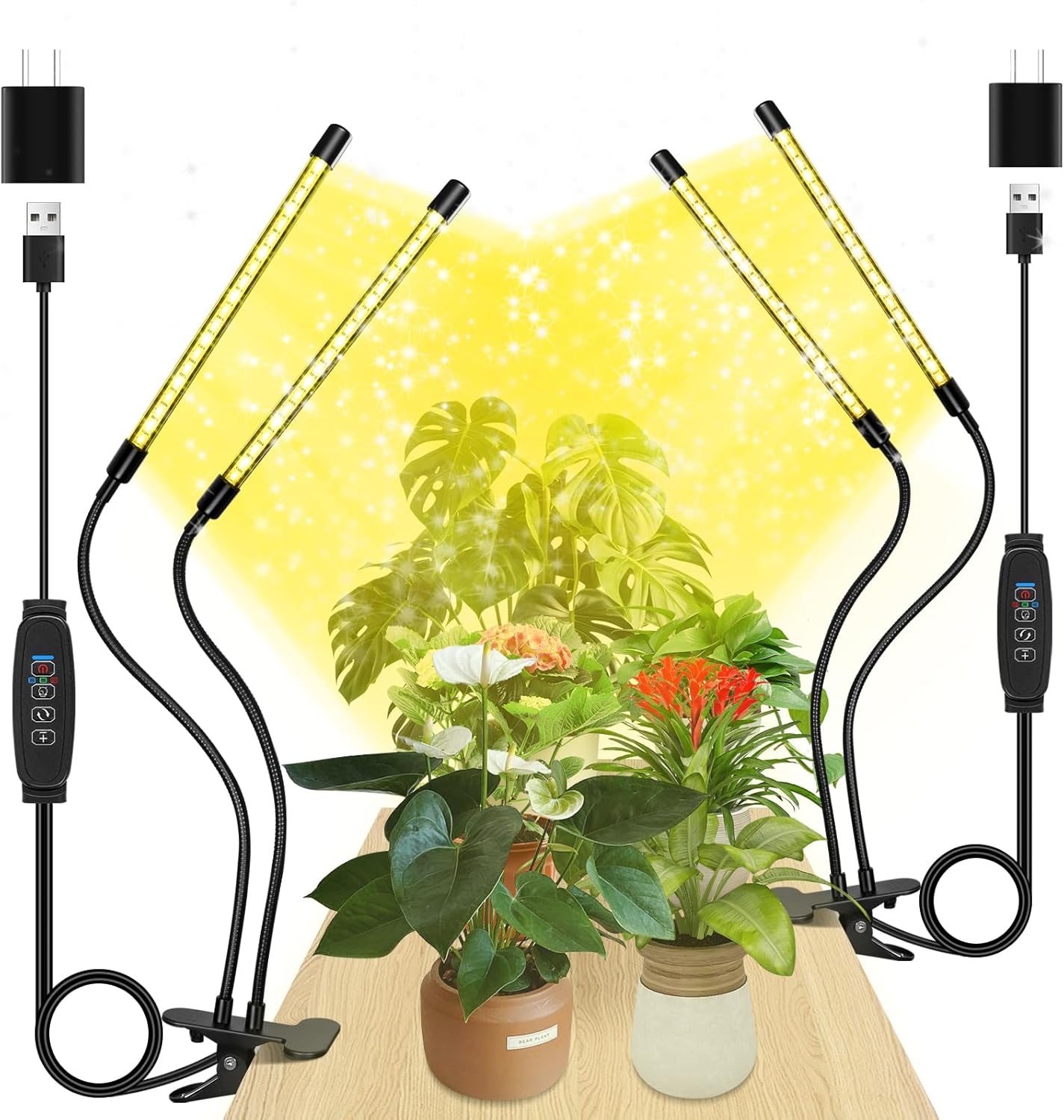 LED Grow Lights (2 Packs), 2 Heads Full Spectrum Plant Light with Clamp for Indoor Plants & Seed Starting, 10-Level Dimmable, Auto On Off, Timing 4 6 12Hrs