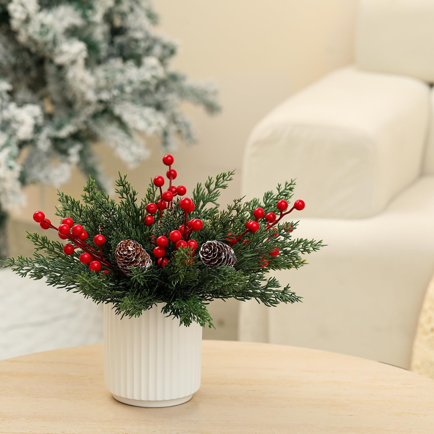 HOMCDALY Christmas Artificial Pine Branches with Red Berry and Pinecone for Tabletop Christmas Decorations, Fake Plants with Ceramic Pot, Small Chritstmas Tree for Home Décor, Christmas Decor Indoor