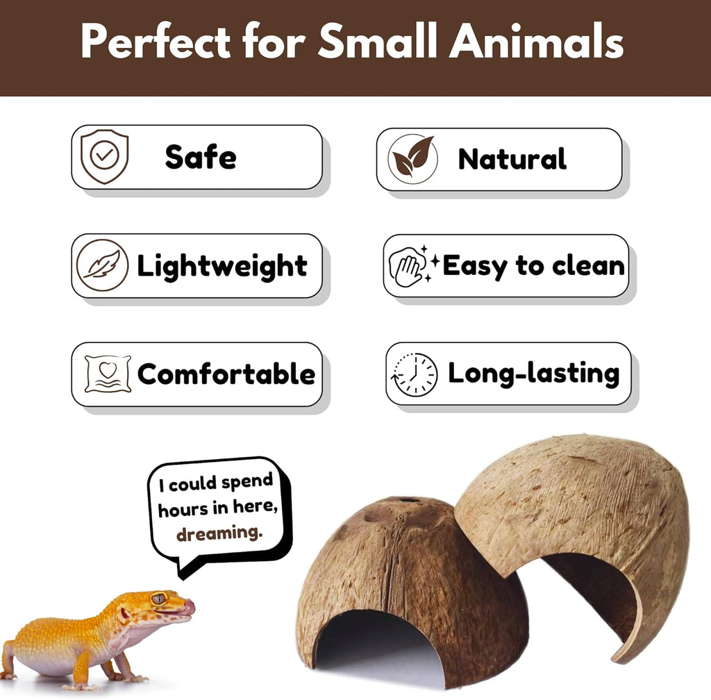 Natural Coconut Shell Hideout Cave, 5" Aquarium Fish & Reptile Hide Cave, Leopard Gecko Tank Accessories, Crested Geckos, Hermit Crabs, Spider, Snails & Small Lizards Climbing Toy & Decor