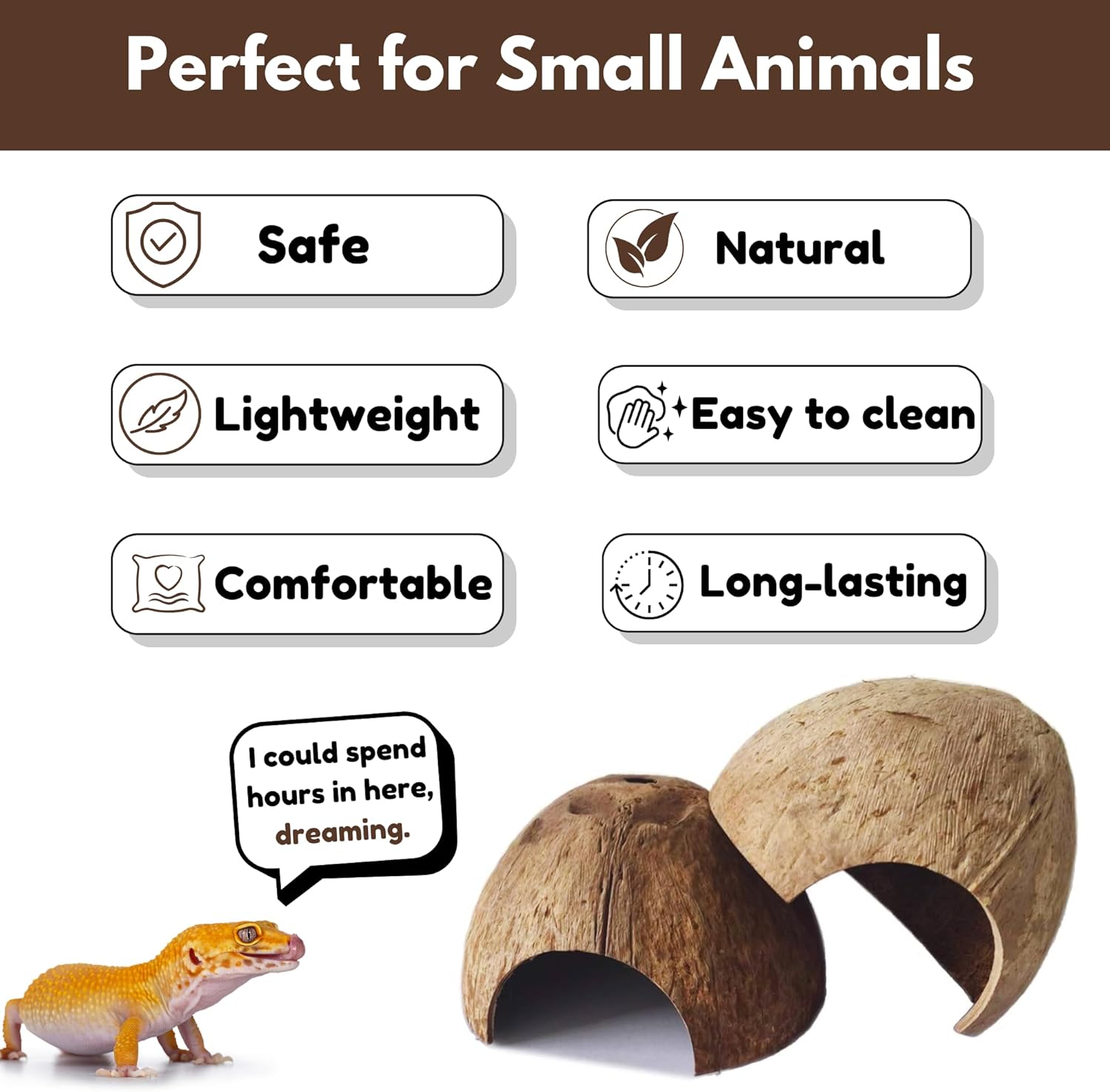 Natural Coconut Shell Hideout Cave, 5" Aquarium Fish & Reptile Hide Cave, Leopard Gecko Tank Accessories, Crested Geckos, Hermit Crabs, Spider, Snails & Small Lizards Climbing Toy & Decor