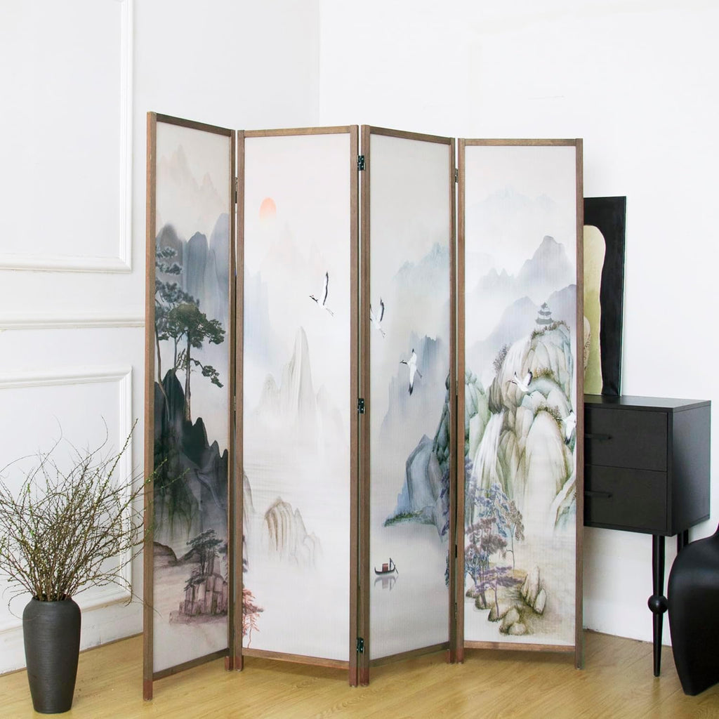 4 Panel Room Divider Folding Privacy Screen,5.6 FT Tall Double Faced Panel Screen,Blackout Panel Divider for Room Seperation,Plain Landscape