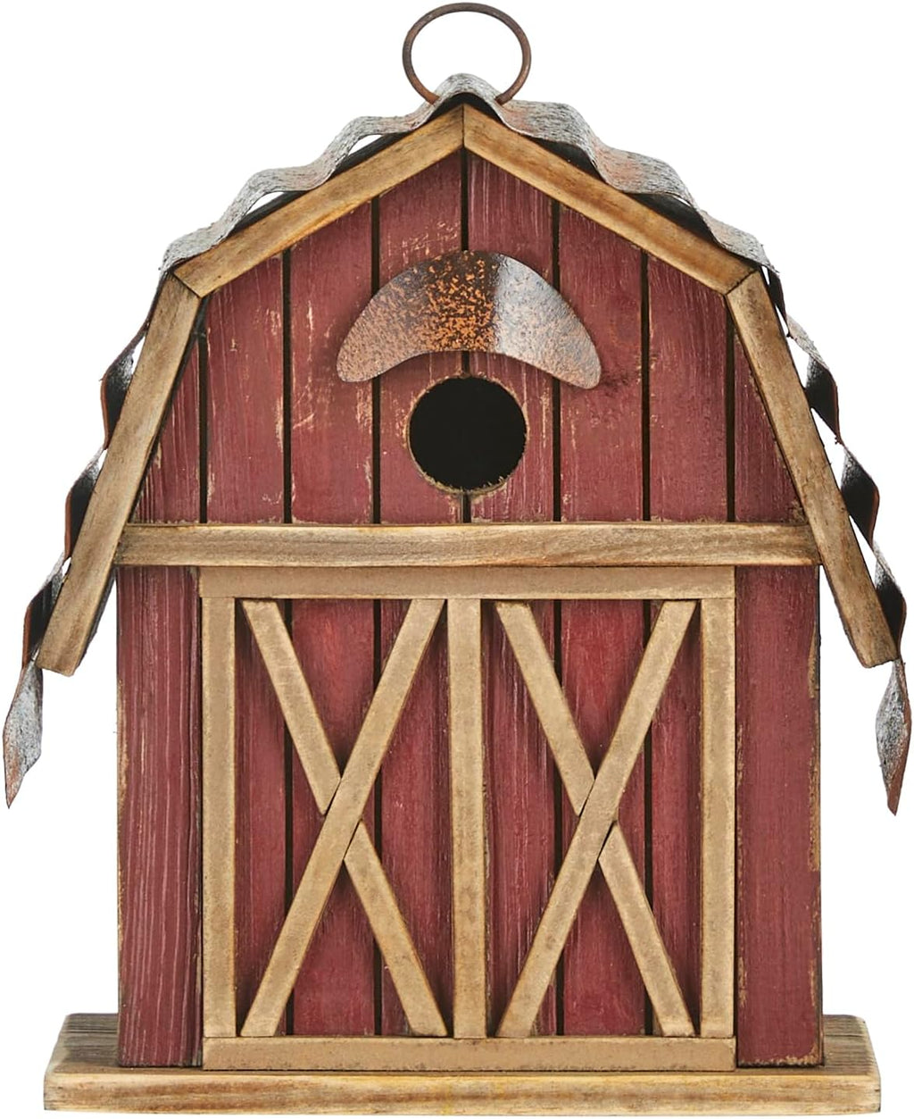 Glitzhome 10.25" H Hanging Birdhouse Washed Red Distressed Solid Wood Barn Decorative Outdoor Garden Bird House