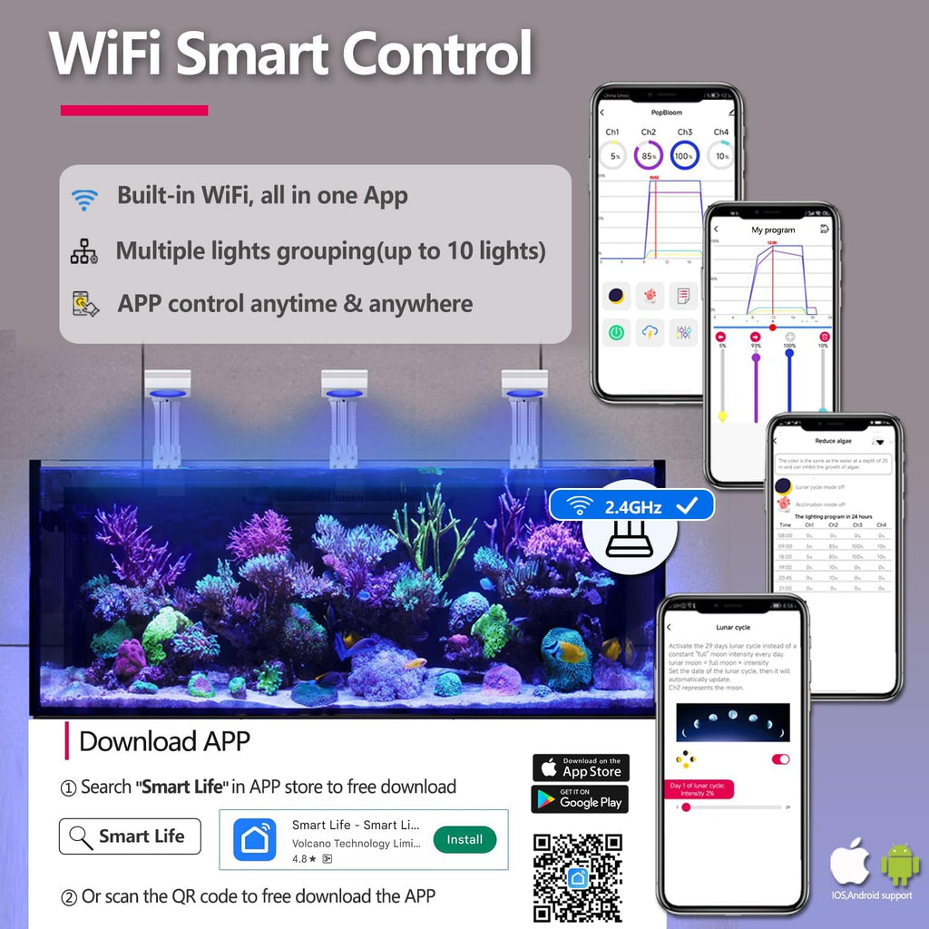 PopBloom WiFi Reef LED Aquarium Light, Reef Aquarium Lighting for Marine SPS LPS Corals Saltwater Fish Tanks, APP Fully Programmable (RL115 with Arm Kit)