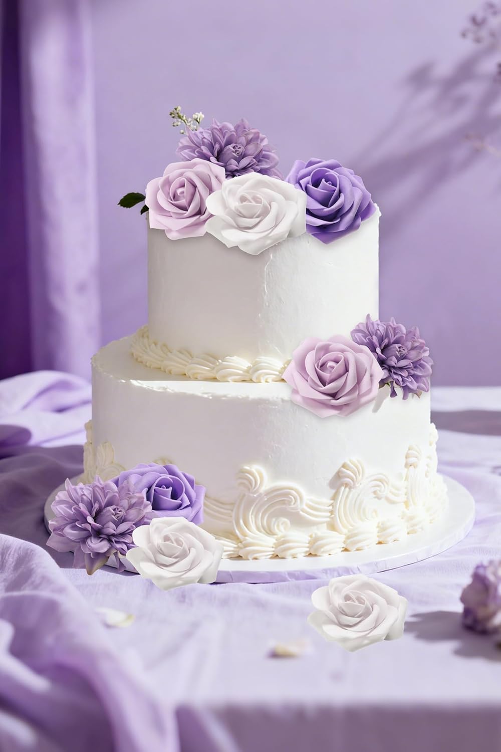 Artificial Flowers Combo Box Set Gradient Color Flower Leaf with Stems for DIY Wedding Bouquets Centerpieces Baby Shower Party Home Decorations (Lavender Purple)