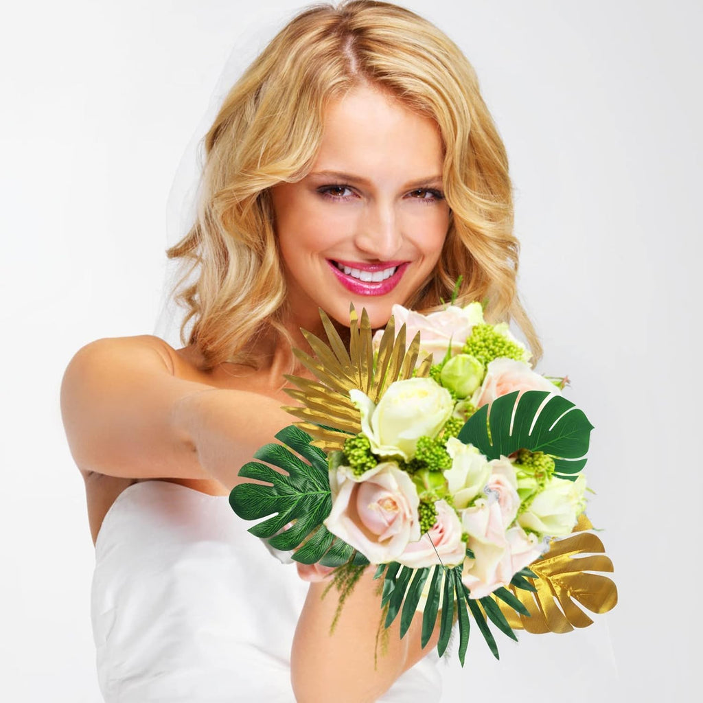 120Pcs 9 Kinds Artificial Tropical Leaf Jungle Leaves Golden Plant Safari Leaves Decorations for Hawaiian Party Beach Birthday Luau Party Decorations