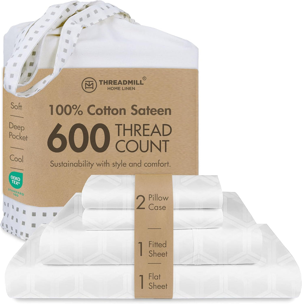 Threadmill 100% Cotton Sheets for King Size Bed - 600 Thread Count King Bed Sheets Set with 16” Deep Pocket - Jacquard Sateen Weave 4-Piece Bedding Set with Cooling Effect, Light Grey