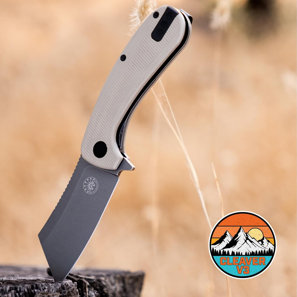 Off-Grid Knives - CLEAVER V3 Folding EDC Knife with Sandvik 14C28N Steel, G10 Scales, Ceramic Bearings, Deep Clip for Left and Right Hand Carry, Drop-Shut Action, Stout Everyday Carry (Coyote)
