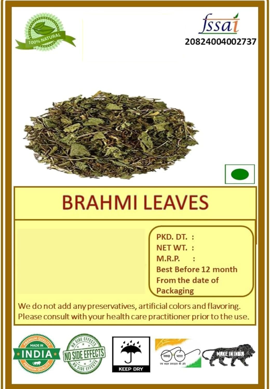 100% Pure & Fresh Bacopa monnieri Leaf - 8.81Ounce | 250Gram - Dried Brahmi Leaves