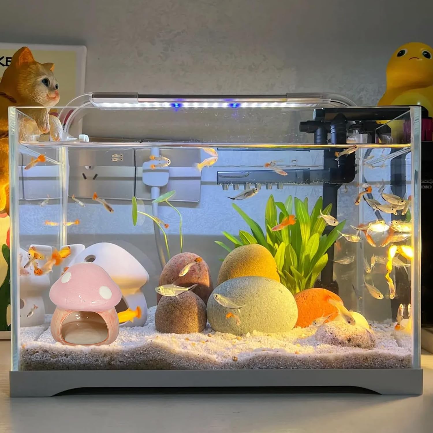 Mushroom Fish Tank Decor, Ceramics Aquarium Shrimp Cave, Betta Hideout Decoration, Cottage Ornament Goldfishes Pleco Cave for Fish Tank Landscape Hideaway Spawning Decor - Pink