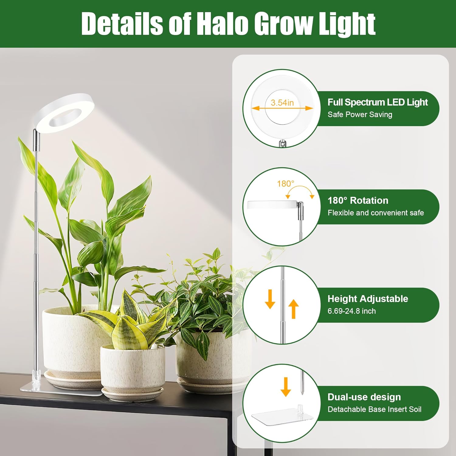 White Small Halo Grow Light with Base, Full Spectrum Indoor Plant Grow Light, Height Adjustable, 3 Spectral Modes, 10 Brightness Levels, Automatic Timer 3/9/12 Hours, 3 Pack