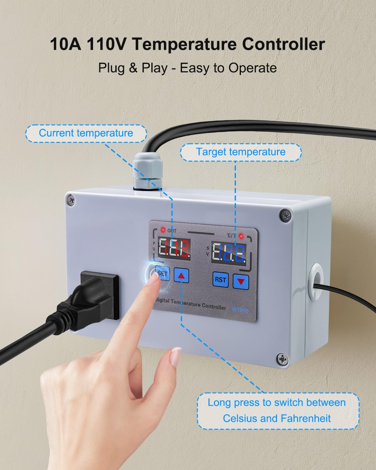 10A 110V Temperature Controller, Digital Thermostat Switch for Seedling Germination, Home Brewing, Fermentation, Vacuum Low-Temperature Cooking, Hatching, Pet Breeding, Heaters Or Cooling Equipment