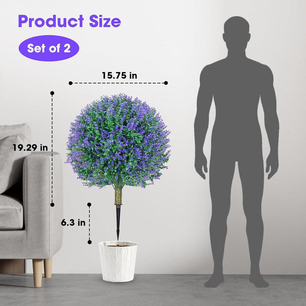 25.6" Artificial Lavender Topiary Ball Plants, 2 Pack Faux Bushes with Spike – UV Resistant & Fade Resistant Artificial Shrubs, Fake Lavender Trees for Indoor Outdoor Front Porch Garden