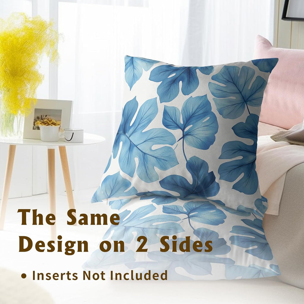 Blue Tropical Leaves Throw Pillow Covers Set of 2 Ultra-Soft All-Season Pillow Shams with Hidden Zipper,Durable for Sofa Bed Car Decor & Gift Luxury 18x18IN