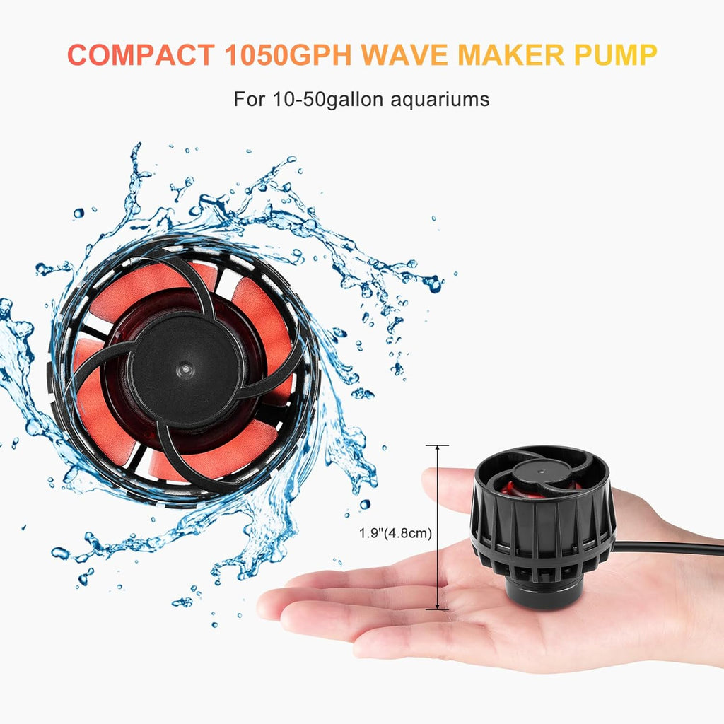 1050GPH Aquarium Wave Maker with Controller Mini DC12V 6W Powerhead with Magnetic Mounting, Nano Wavemaker for 10 to 50 Gallon thickness up to 8mm(1/4") Tank,