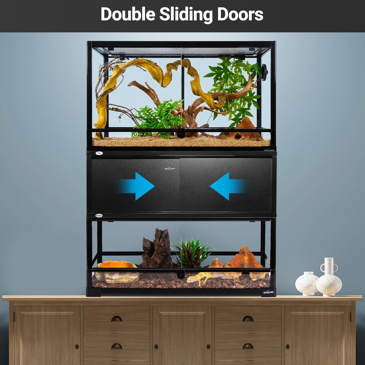 REPTI ZOO Space Saving Terrarium Stacker for 30" L X 12" W Reptile & Amphibian Enclosure, Sturdy Tank Stackers with, Metal Frame, Wood Panels, Sliding Door, Easy Assembly, Max 88 lbs Load Capacity