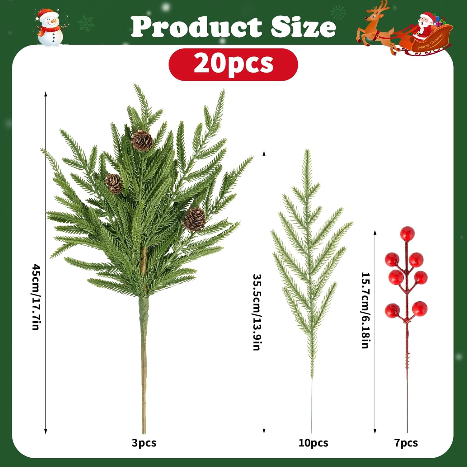 YIYA Christmas Artificial Pine Branches Artificial Norfolk Pine Stems with Red Berry Stems Faux Pine Needles with Pine Cones for Vase Garland Wreath Xmas Decor