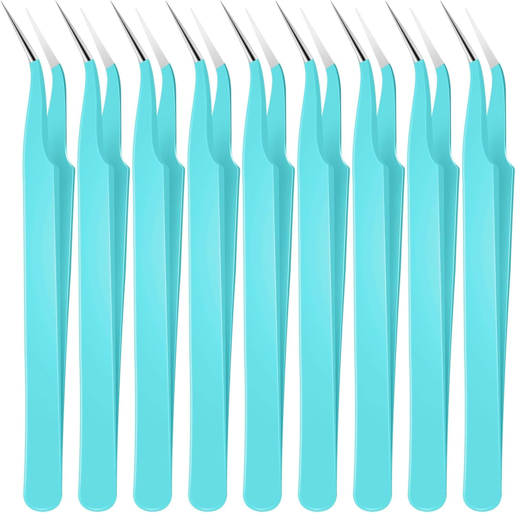 Honoson 9 Pieces Curved Pointed Craft Tweezers Stainless Steel Precision Tweezer with Protective Cover for Rhinestones Dried Flowers Craft Stickers Eyelash Extension Jewelry Making(Blue)