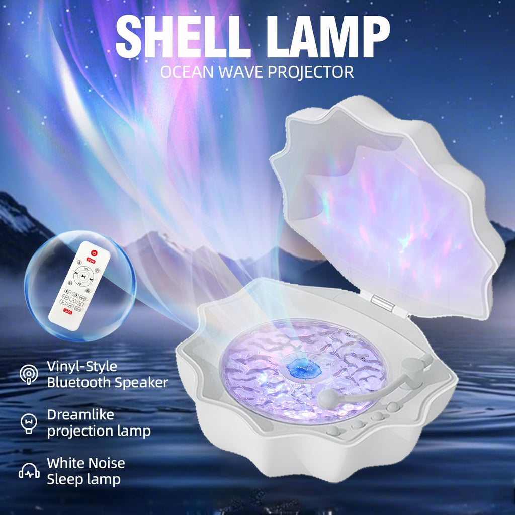 Ocean Wave Projector Light, Shell Night Light Built-in Bluetooth Speaker, Remote Control, White Noises for Home Decor/Relaxation/Party/Music/Gift (White)
