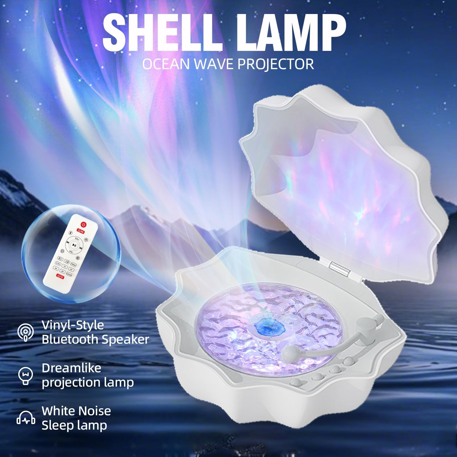 Ocean Wave Projector Light, Shell Night Light Built-in Bluetooth Speaker, Remote Control, White Noises for Home Decor/Relaxation/Party/Music/Gift (White)