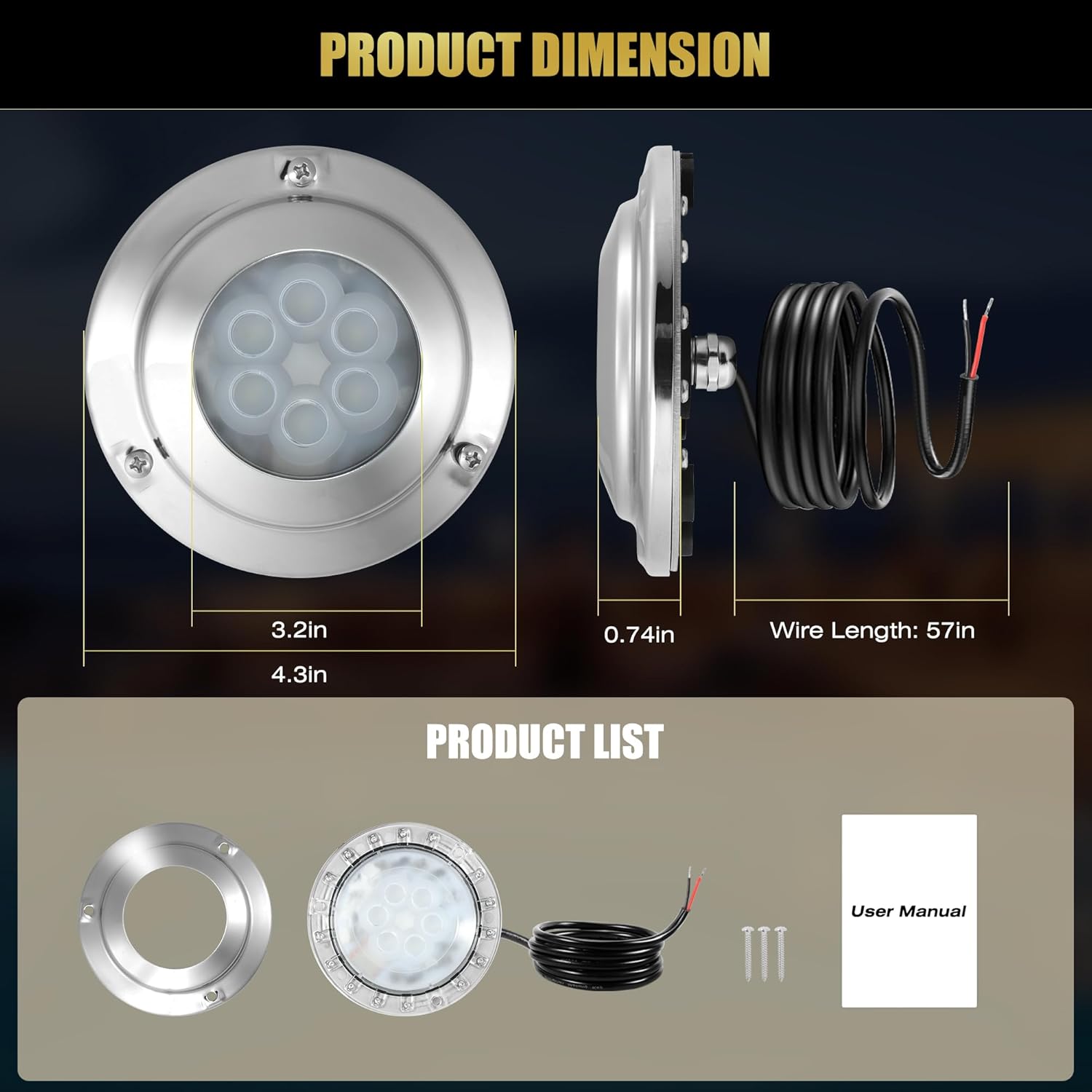 Goldlife 6,000LM Marine Underwater LED Light for Boat, B4-3 Blue, 4.3" 60W DC10-30V 6LED, Dimmable Color-Changing IP68 Submersible Boat Yacht Transom Pontoon Sailboat Light Surface Mount 316 Stainless
