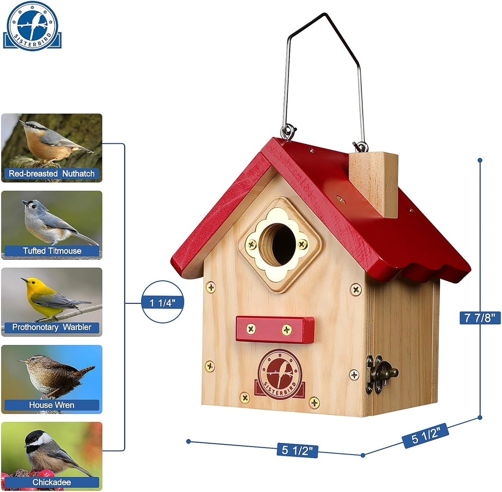 Wren Bird House, Premium Wooden Bird Houses for Outside, Classic Cabin Design Birdhouses for Outdoors, Hanging Bird House, Red-Breasted Nuthatch Wren Chickadee