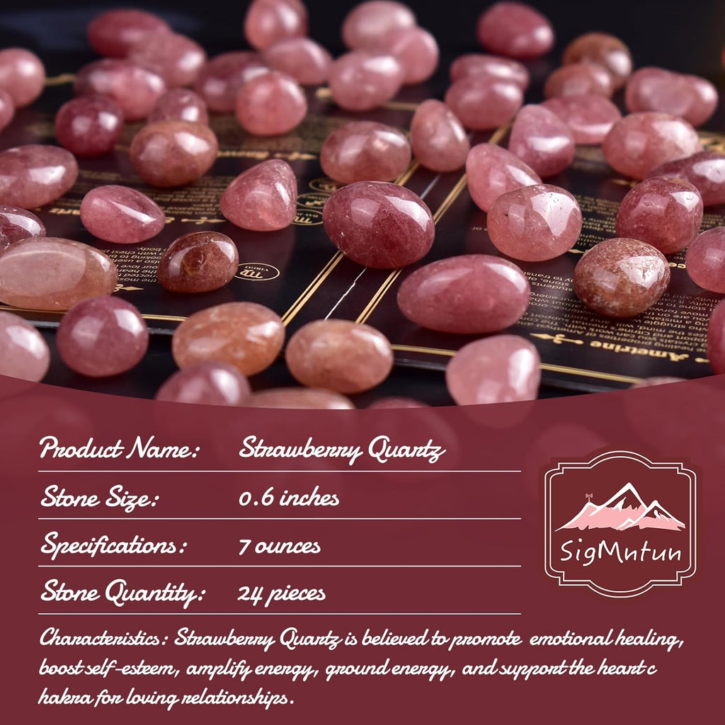 Strawberry Quartz Healing Crystal Stone Set - 24 Pieces, 0.6" Natural & Polished Stones for Healing, Meditation, Reiki, Chakra, Crafting & Decoration