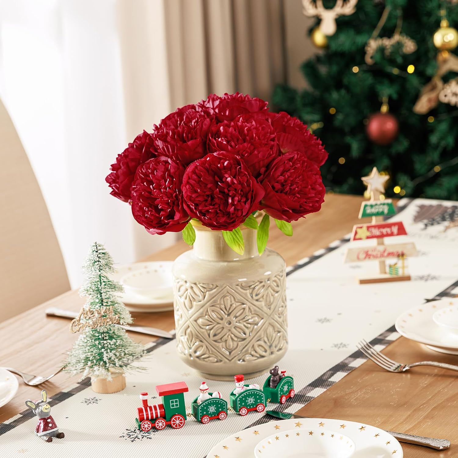 U'Artlines 20 Heads Artificial Peony Silk Flower Leaf for Christmas Holiday New Year Home Office Wedding Party Festival Bar Decor (Red)