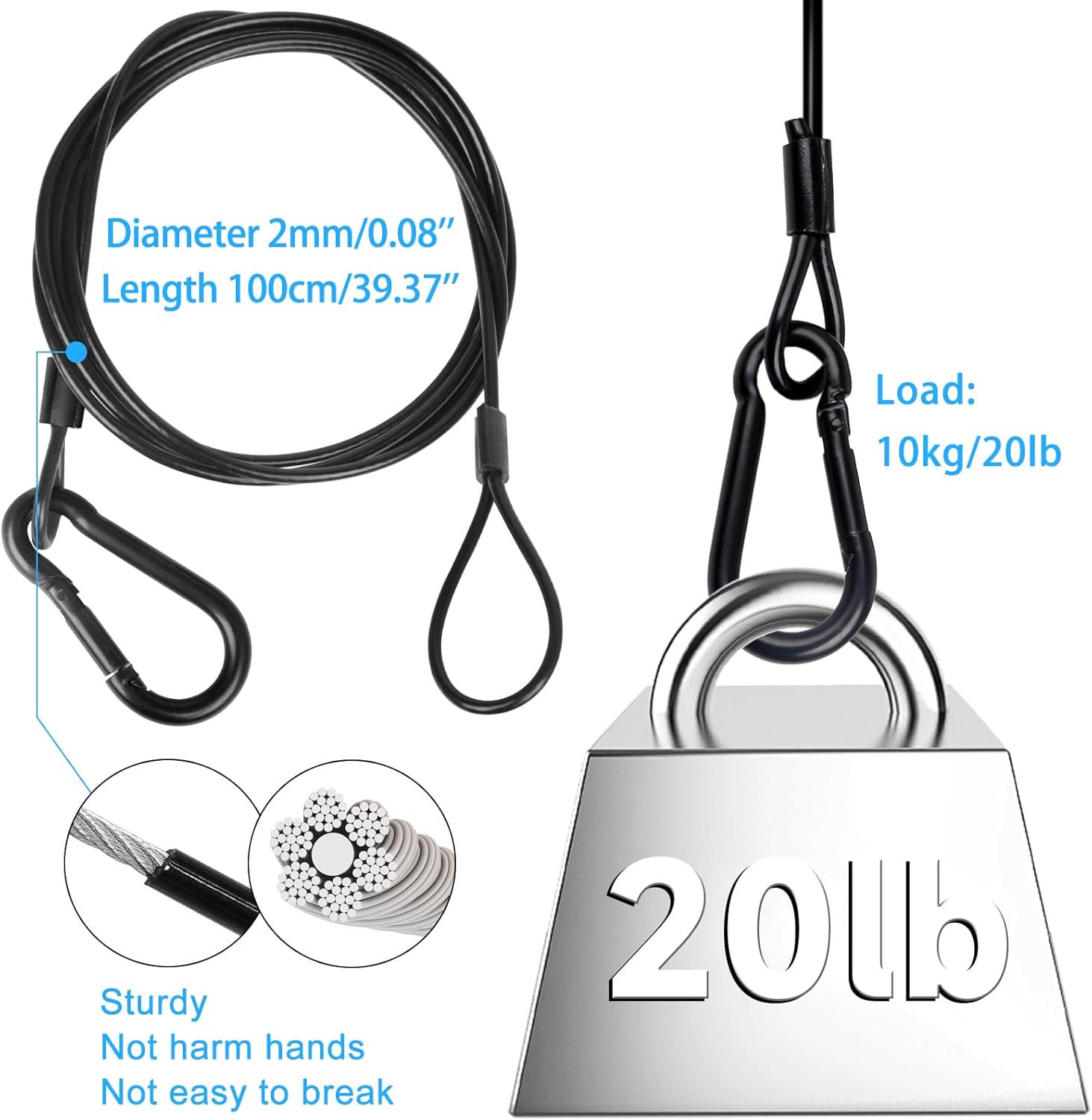 Lighting Safety Cable with Loops(6-Pack), 25kg Load Stage Light Safety Cable Black Security Chain Hanging on Trusses, Stainless Steel Lanyard（Diameter 2mm/0.08in, Length 100cm/39.37in)