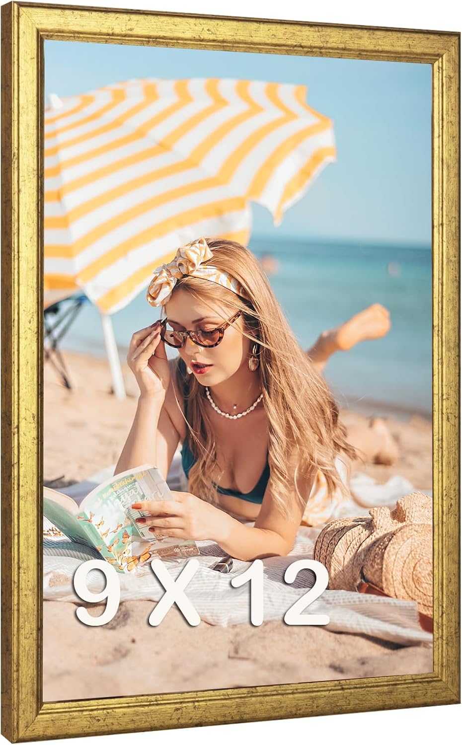 Wood 9x12 Frame Gold, Ornate Natural 12x9in Poster Picture Frame, Modern Golden 9 x 12inch Gallery Wall Photo Frame with HD Plexiglass, Horizontal Vertical Wall Mounting Display 1pcs